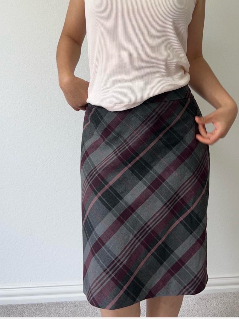Ann Taylor Burgundy and Gray Plaid Midi Pencil Skirt